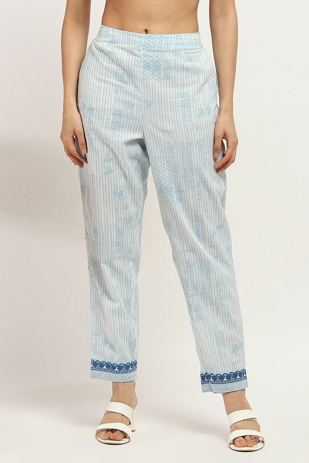 White and Blue Cotton Printed Regular Pants image number 4