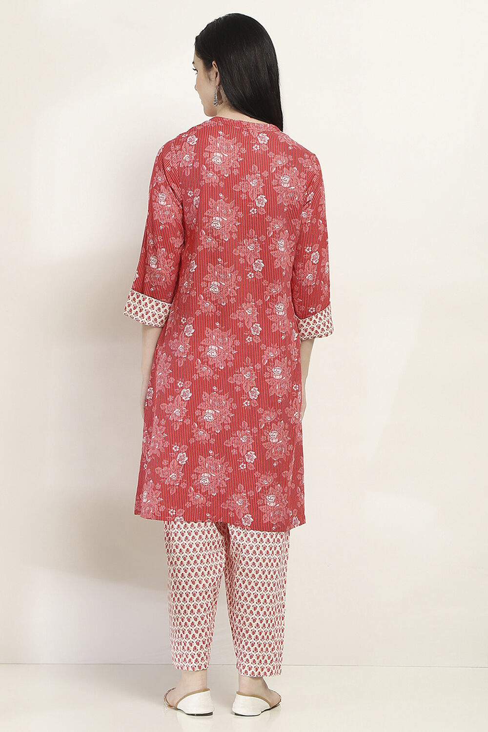 Red Cotton Printed Straight Kurta Set image number 4