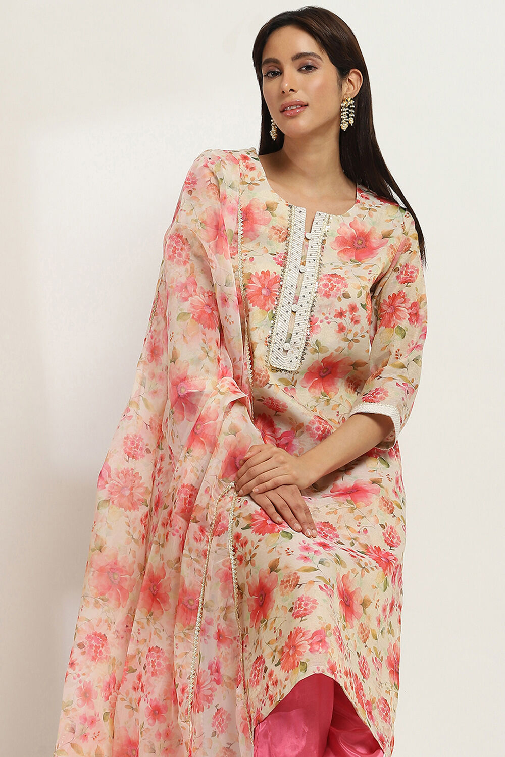 Beige and Pink Floral Straight Suit Set image number 0
