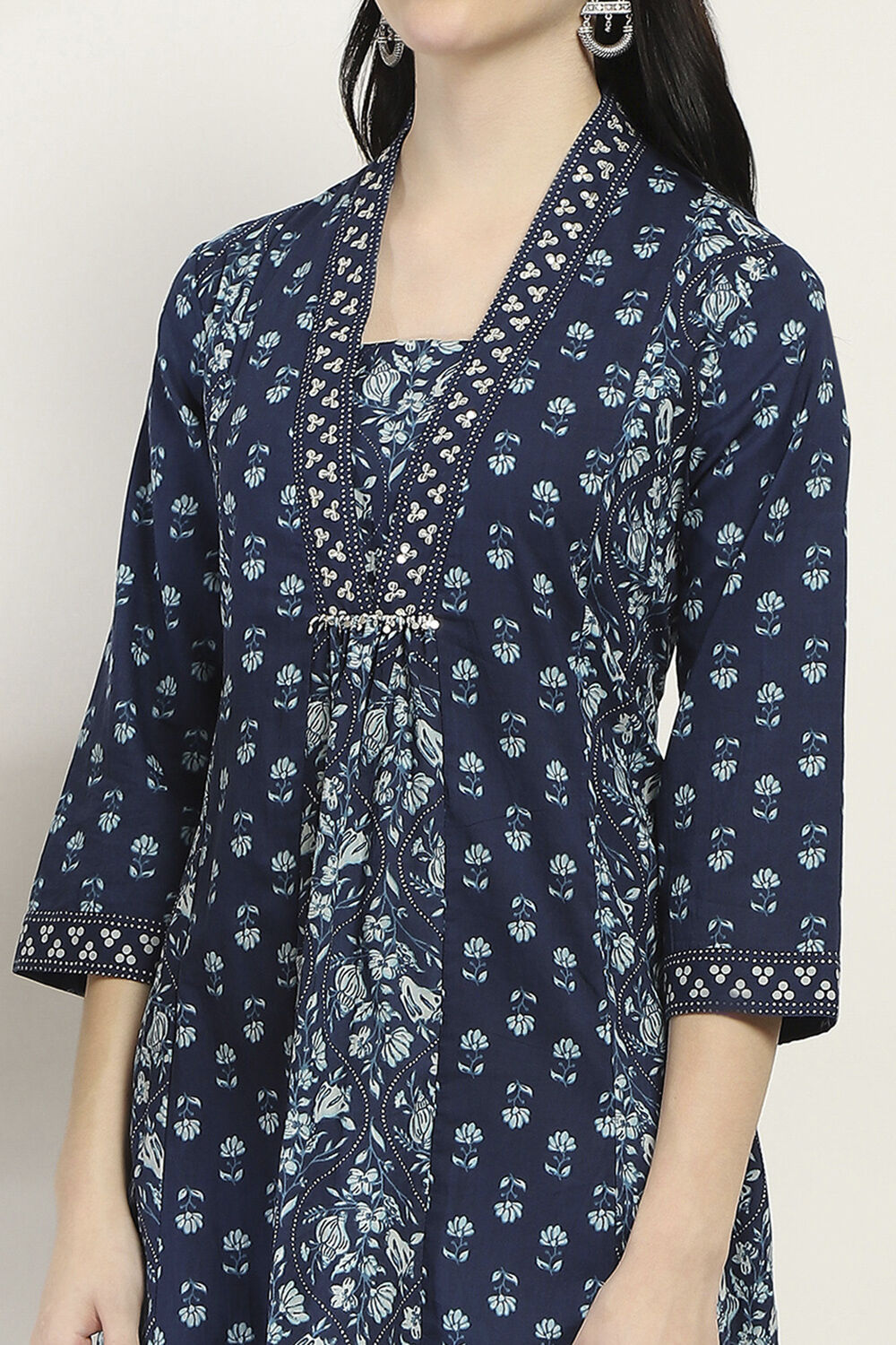 Indigo Cotton Printed A-Line Kurta image number 1
