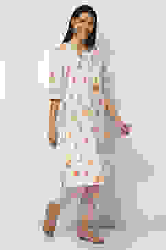 Off-White Cotton Floral Straight Kurta Set image number 5