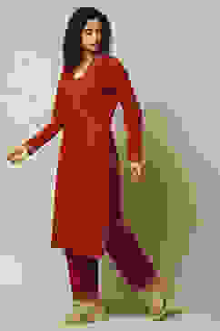 Maroon Cotton Blend Straight Printed Kurta Palazzo Suit Set image number 3