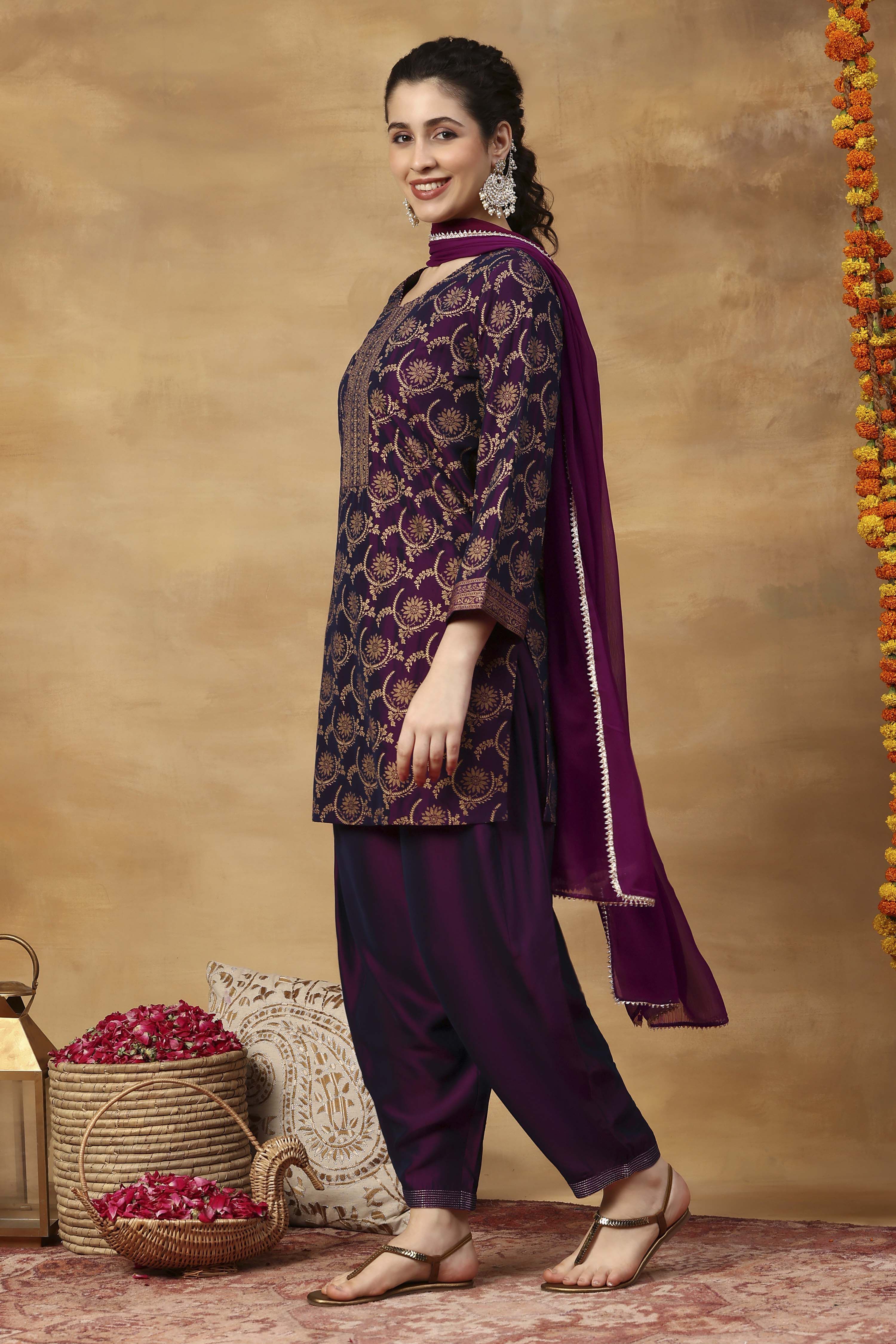 Purple Printed Poly Viscose Straight Kurta Set image number 2