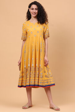 Mustard Art Silk Kalidar Kurta Dress image number 5