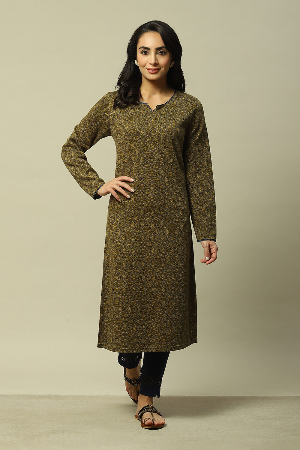 Olive Cotton Blend Straight Printed Kurta image number 0