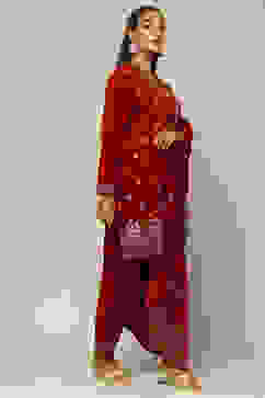 Red Poly Velvet Straight Printed Kurta Palazzo Suit Set image number 5