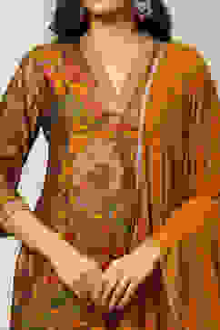 Mustard Viscose Blend Floral Printed Straight Suit Set image number 1