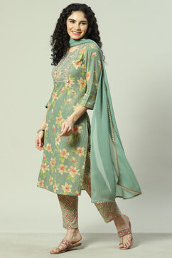 Green Cotton Blend Yard-dyed Kurta & Pants Suit Set image number 5
