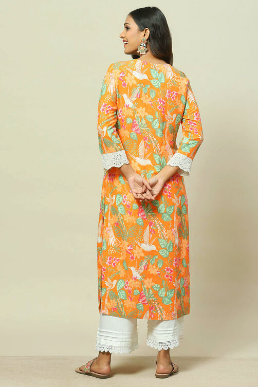 Orange LIVA Straight Kurta image number 4