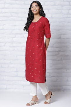 Red Poly Cotton Straight Kurta image number 3