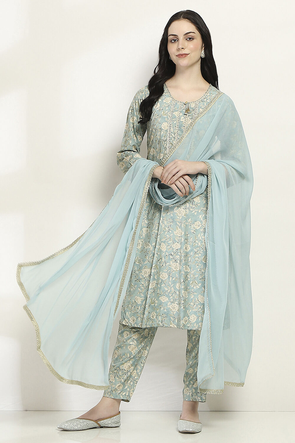 Ice Blue Printed Straight Suit Set image number 0