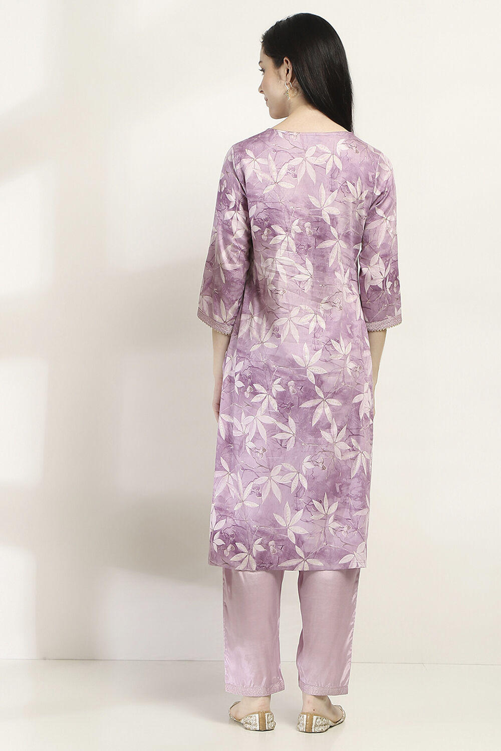 Mauve Cotton Floral Straight Suit Set image number 4