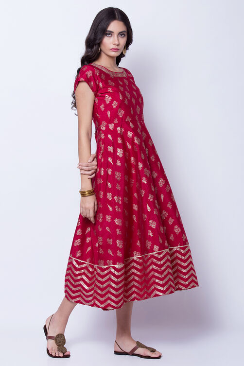Maroon Polyester Dupioni Flared Dress image number 2