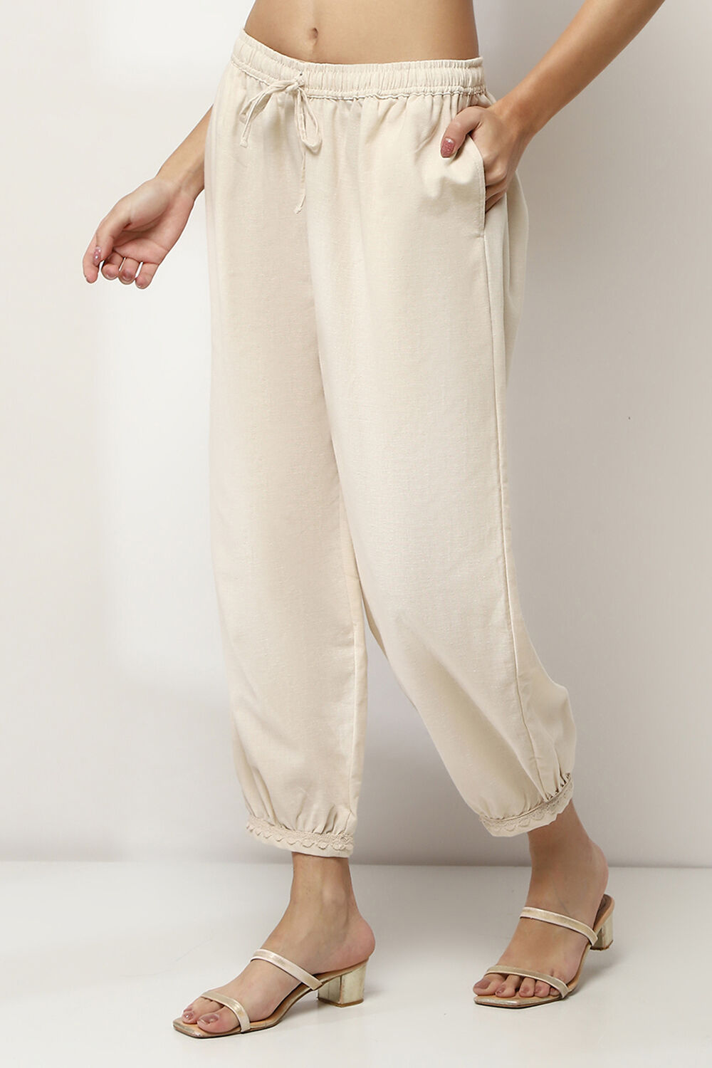 Ivory Cotton Blend Solid Pants image number 2