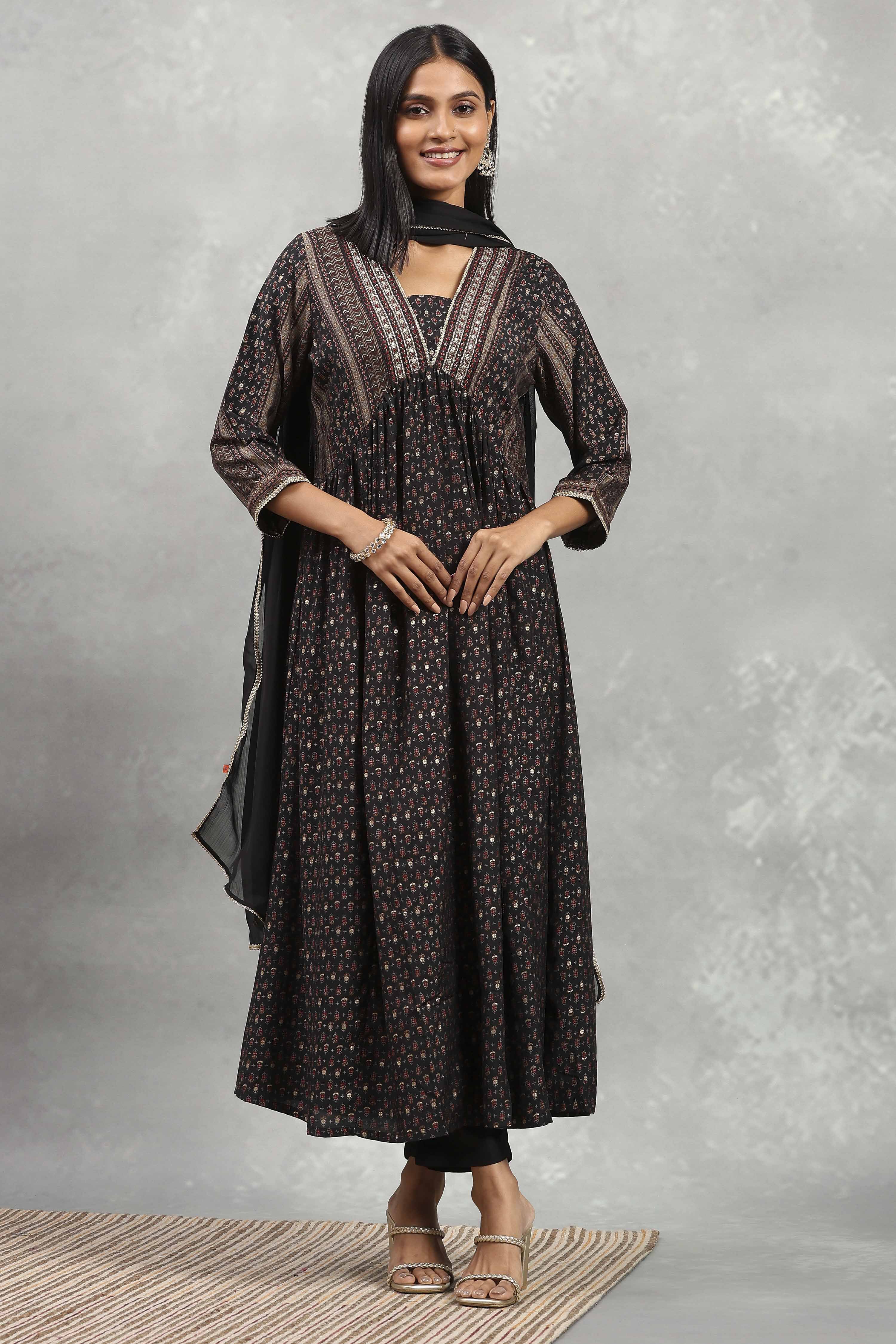 Black Viscose Rayon Printed Gathered Suit Set image number 6