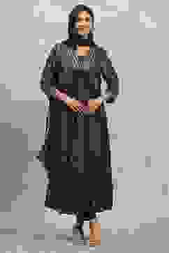 Black Viscose Rayon Printed Gathered Suit Set image number 6