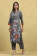 Grey Viscose Rayon Printed Straight Kurta Pants Set image number 3