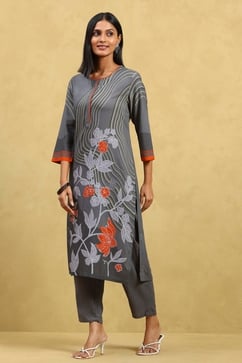 Grey Viscose Rayon Printed Straight Kurta Pants Set image number 3