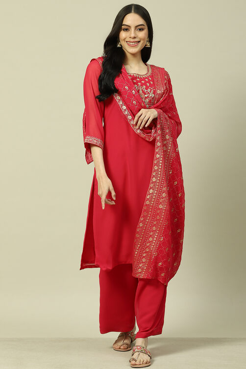 Pink Cotton Blend Woven Straight Kurta Suit Set image number 7