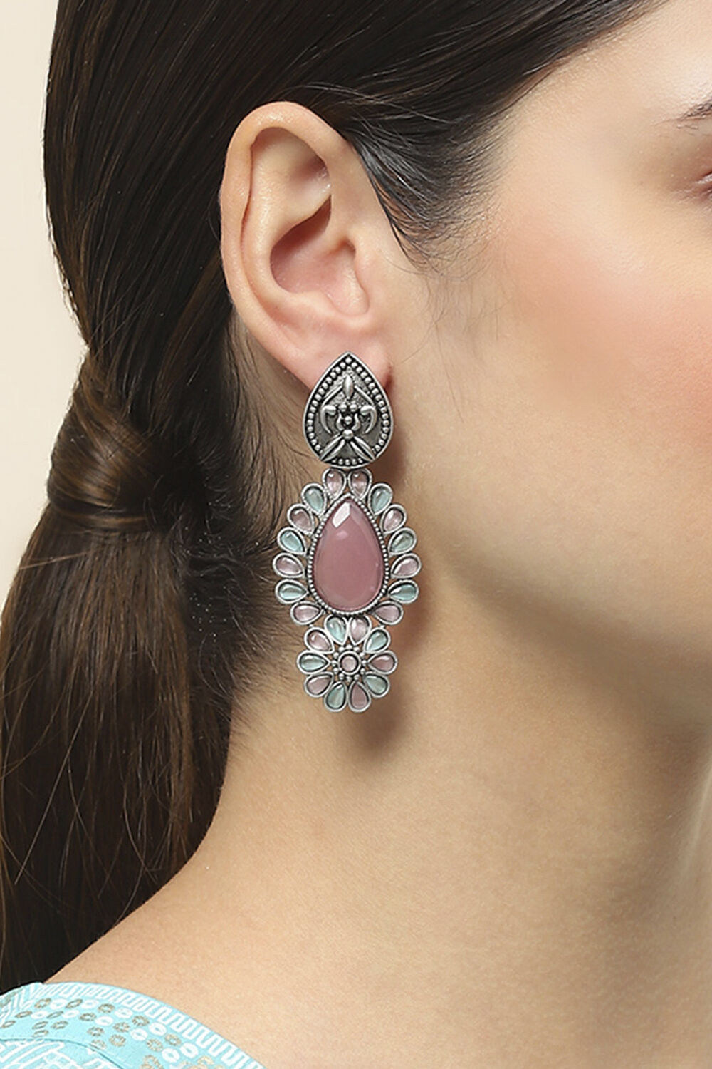 Light Pink Green Oxidised Alloy Earrings image number 1