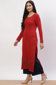 Red Jacquard Straight Kurta image number 2