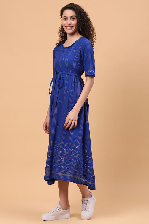 Royal Blue Cotton Flared Dress image number 2