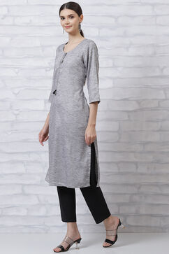 Grey Art Silk Straight Kurta image number 2