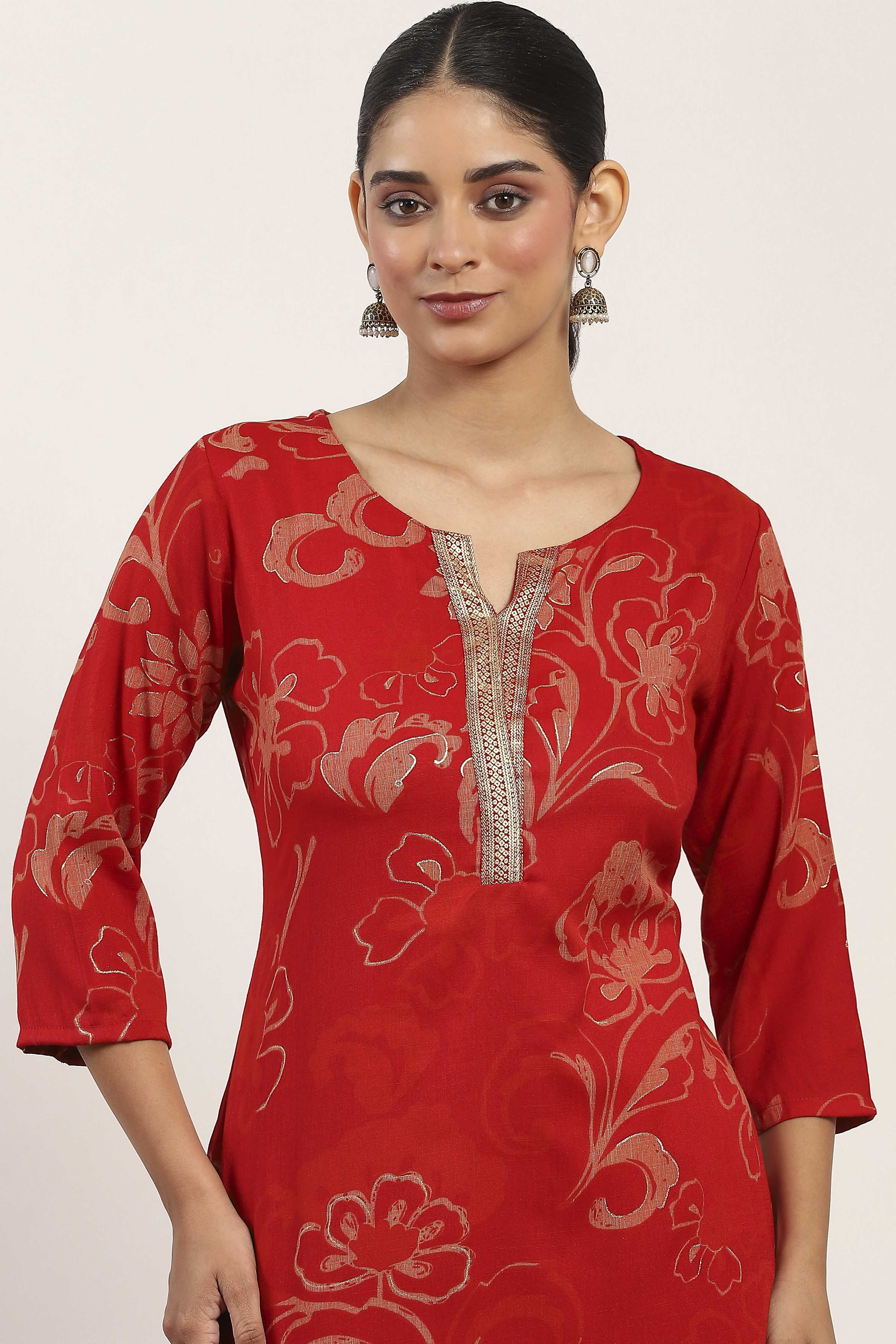 Red Viscose Polyester Viscose Rayon Kurta Pants Set image number 1