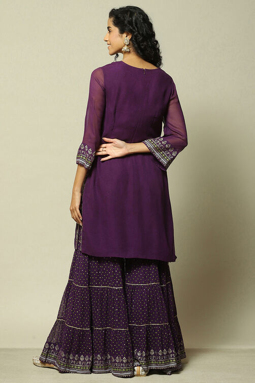 Purple Polyester Straight Printed Kurta Sharara Suit Set image number 4