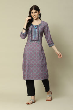 Lavender LIVA Straight Printed Kurta image number 2