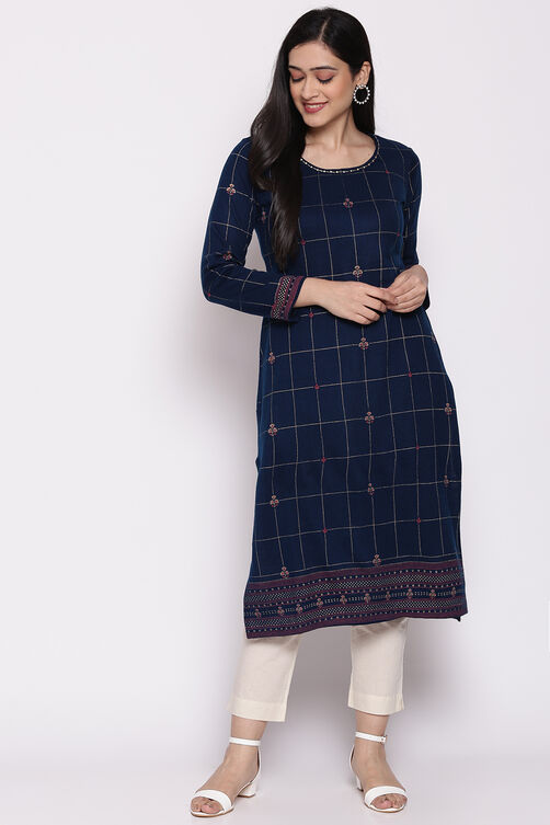 Teal Blue Poly Cotton Straight Kurta image number 0