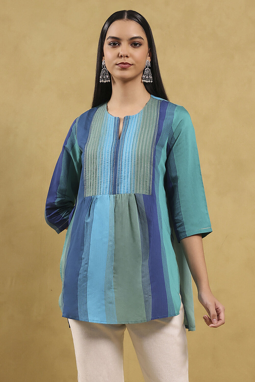 Blue Viscose Blend Solid Tiered Top image number 5