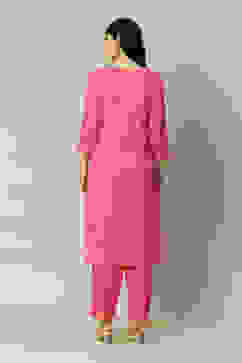 Pink LIVA Straight Printed Kurta Palazzo Suit Set image number 4