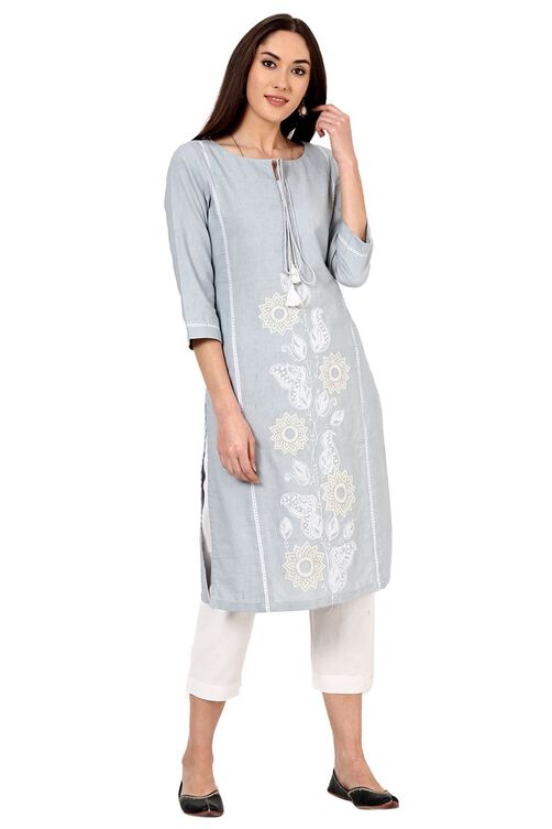 Grey Straight Cotton Kurta image number 5