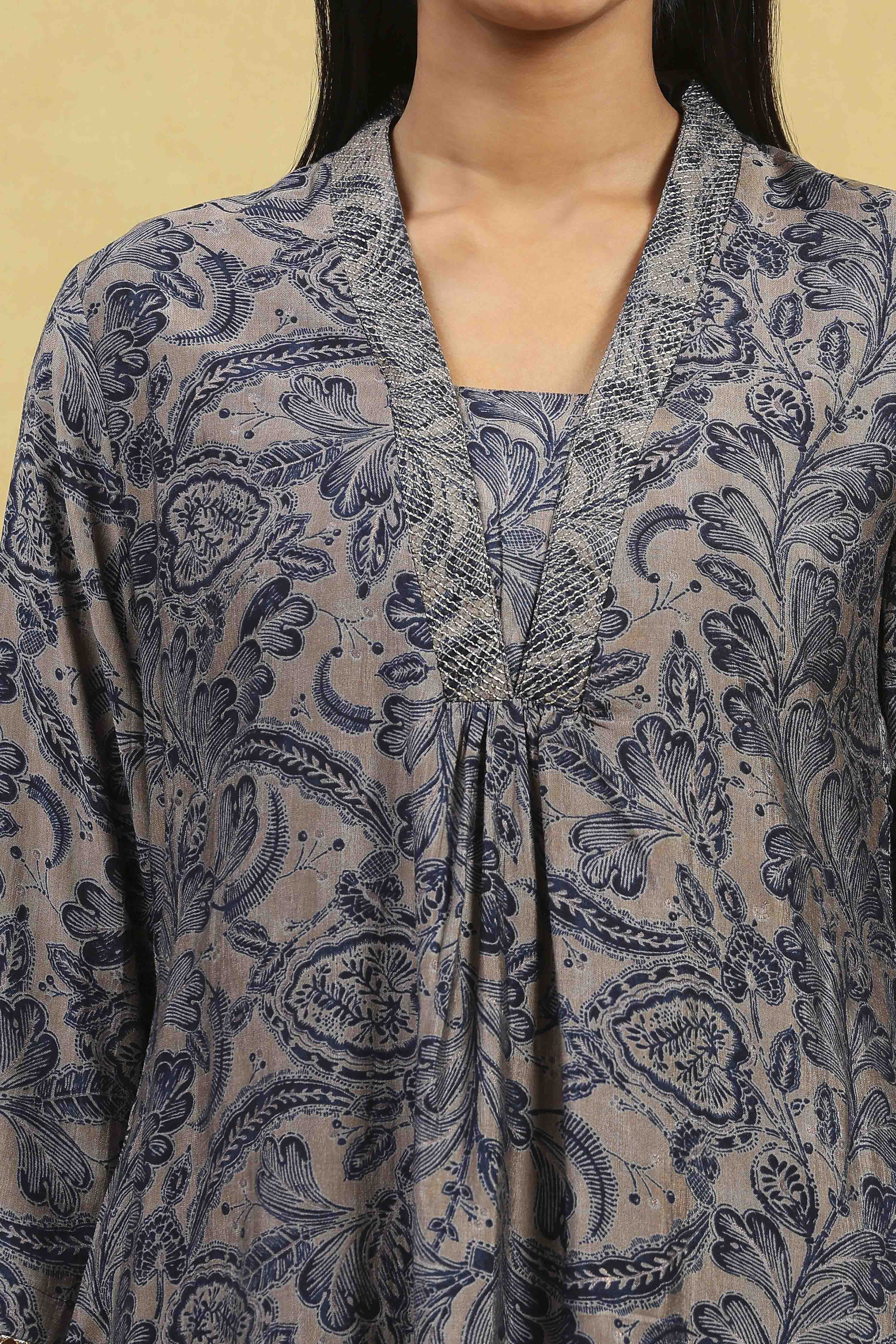 Navy Viscose Blend Printed Straight Top image number 1