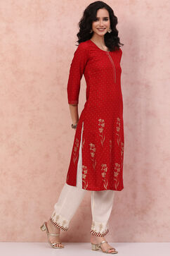 Red LIVA Straight Kurta image number 3