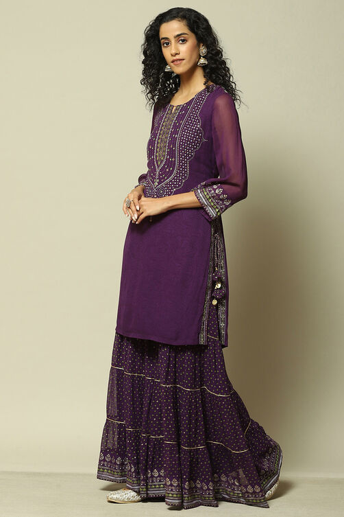 Purple Polyester Straight Printed Kurta Sharara Suit Set image number 3