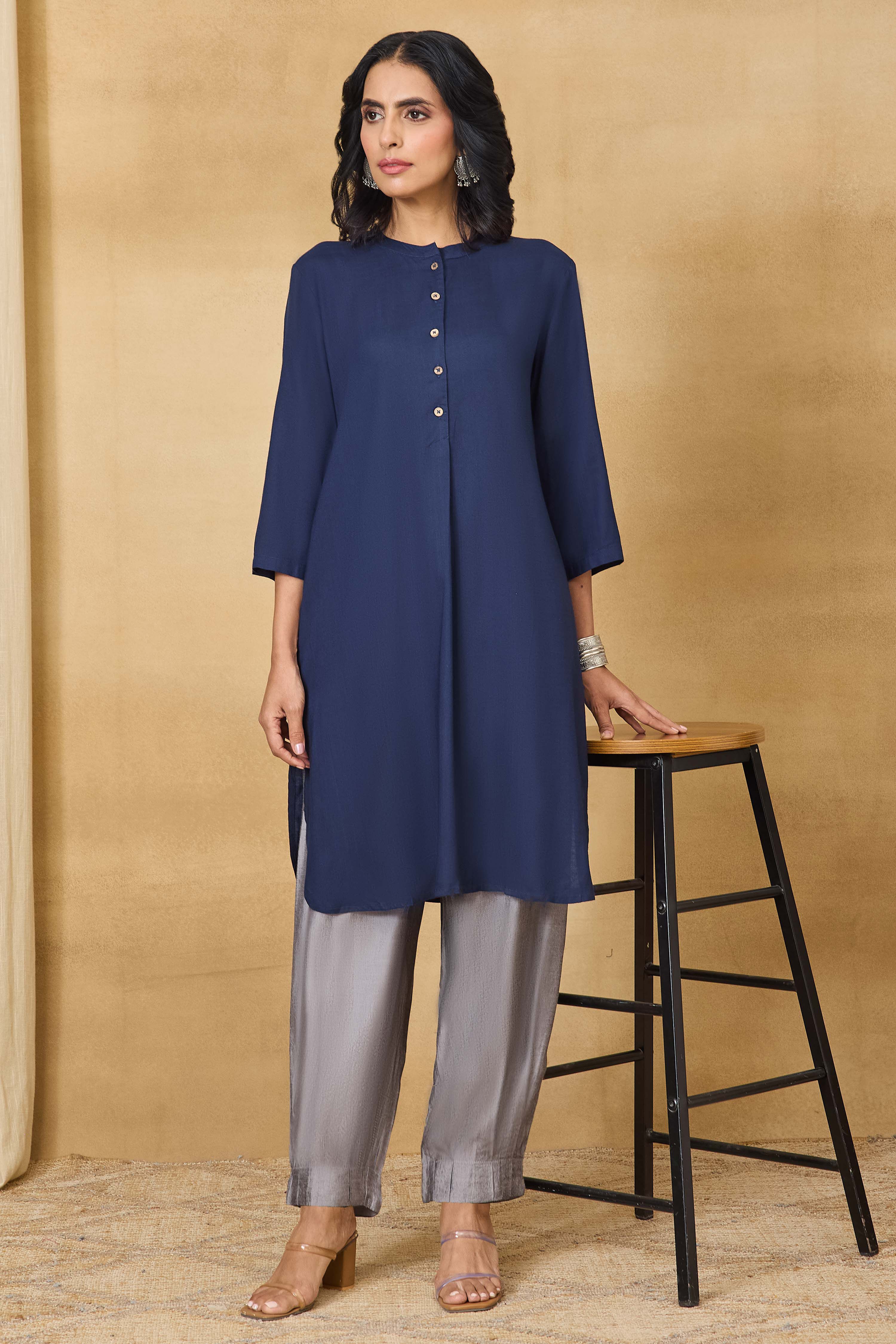 Silver Viscose Blend Straight Pants image number 0