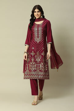 Purple LIVA Straight Printed Kurta Palazzo Suit Set image number 7