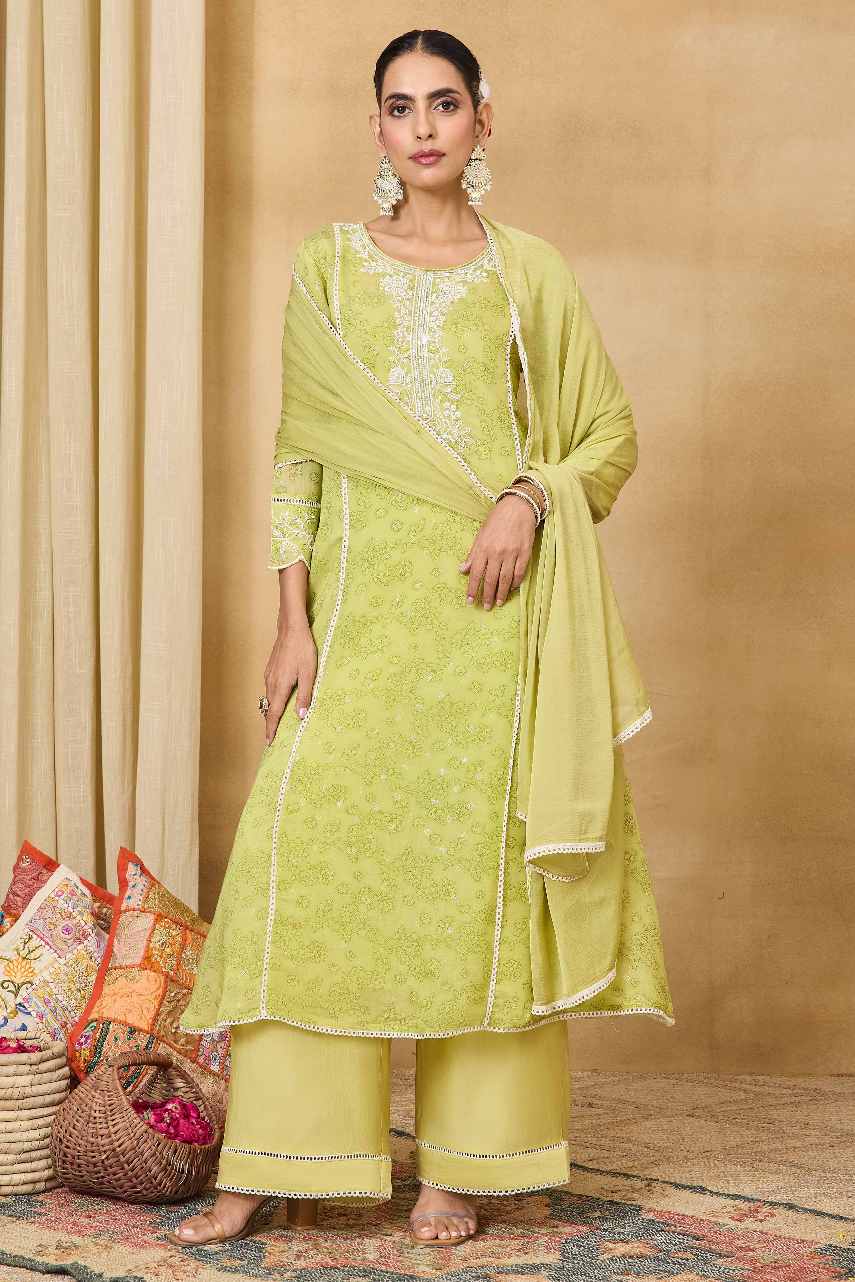 Light Green Polyester A-Line Printed Suit Set image number 7