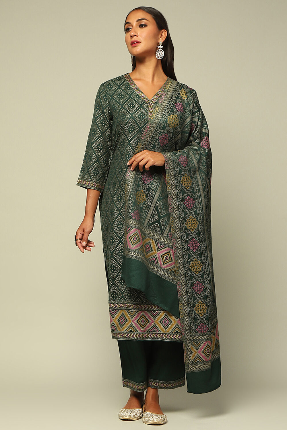 Green Acrylic Straight Yarn Dyed Kurta Palazzo Suit Set image number 6