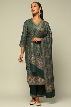 Green Acrylic Straight Yarn Dyed Kurta Palazzo Suit Set image number 6