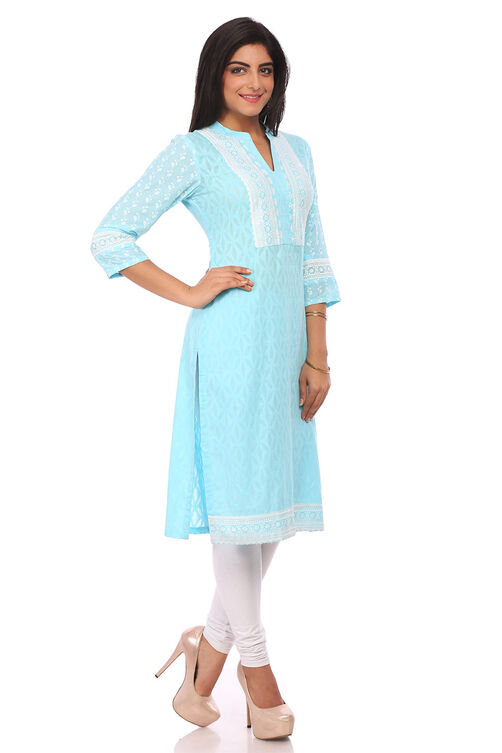 Sky Blue Cotton Straight Kurta image number 2