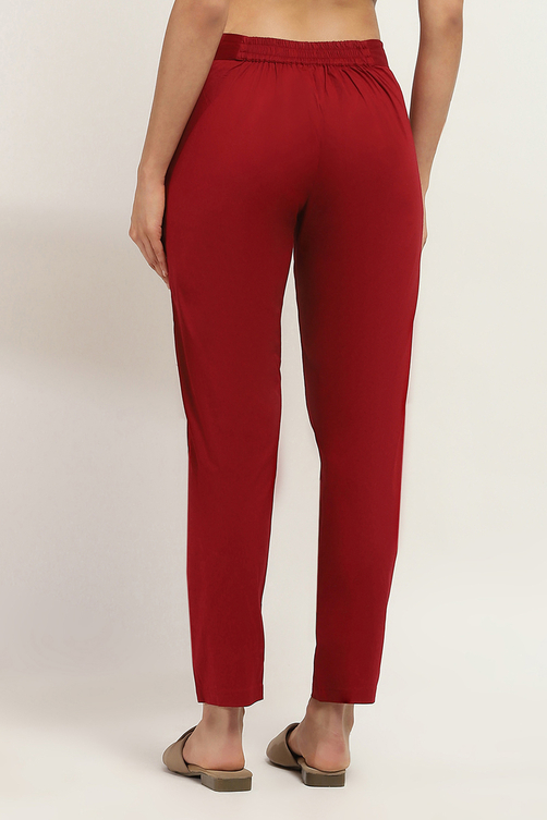 Maroon Cotton Solid Regular Pants image number 4