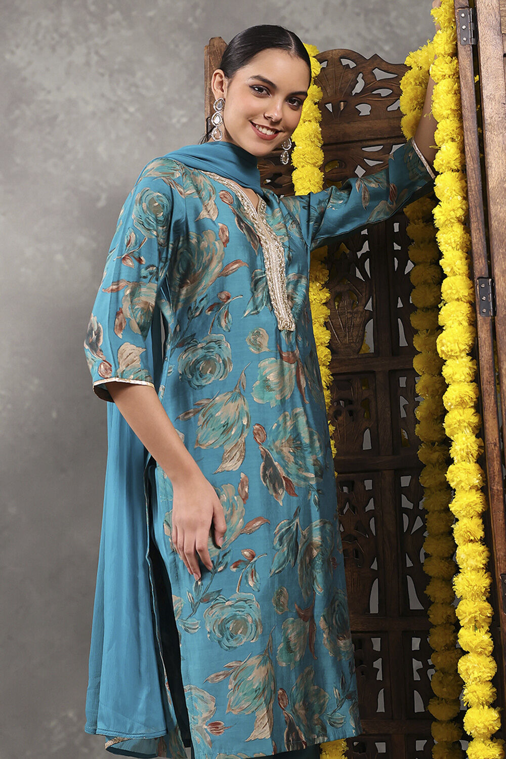 Aqua Viscose Blend Printed Straight Suit Set image number 6