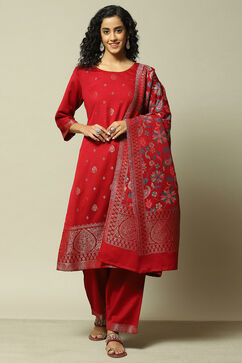 Red Poly Viscose Straight Yarndyed Kurta Palazzo Suit Set image number 7