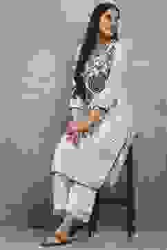 Off White Viscose Straight Kurta Pants Set image number 0