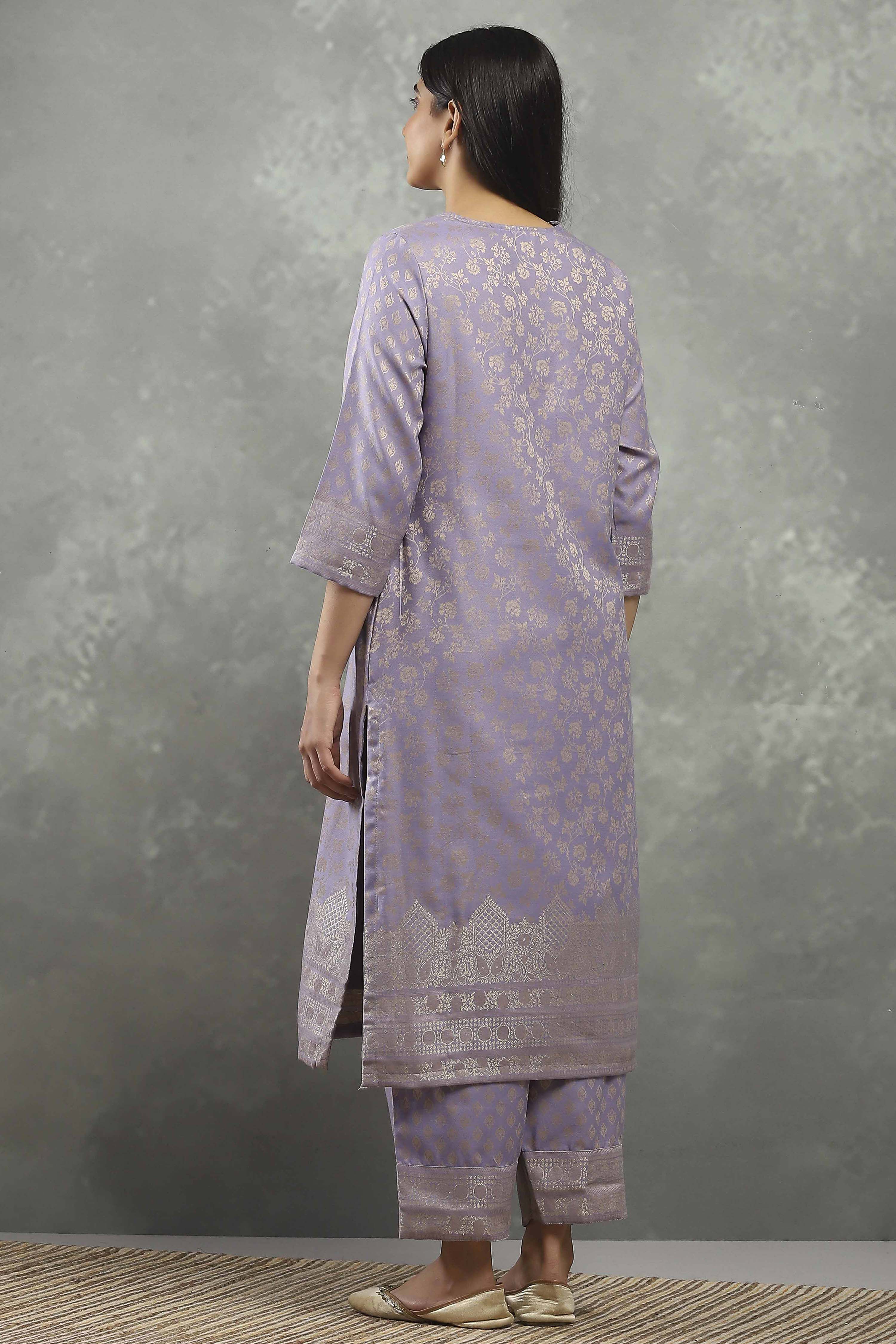 Mauve Polyester Yarndyed Straight Suit Set image number 4