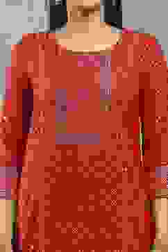 Red Viscose Flared Kurta Pants Set image number 1