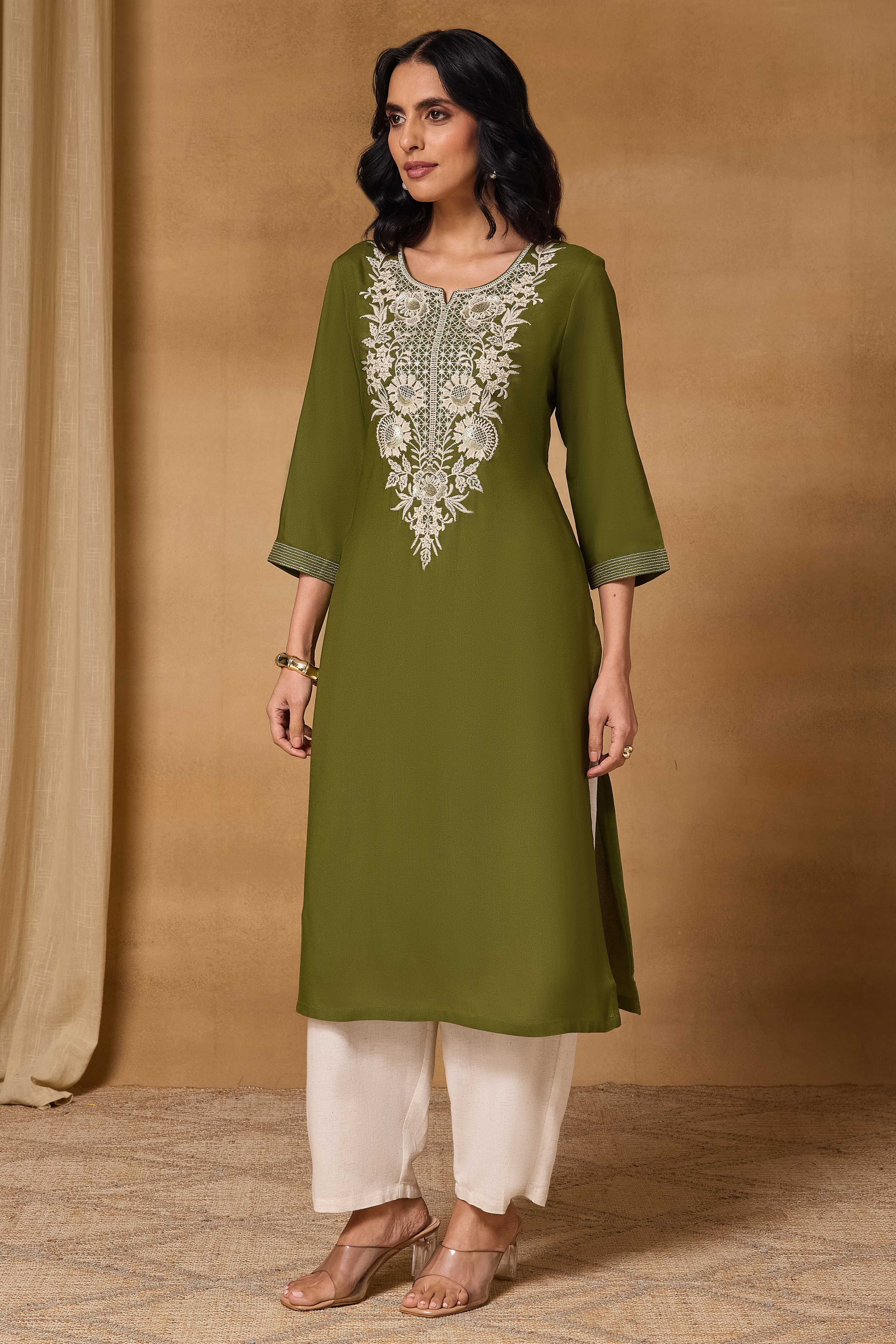 Olive Viscose Rayon Straight Printed Kurta image number 3